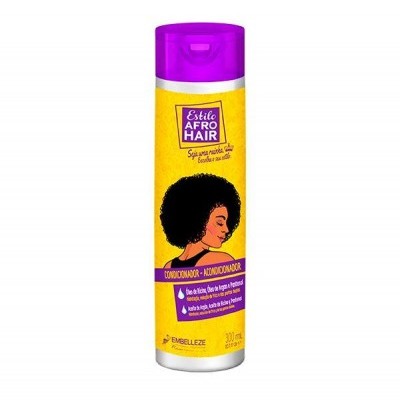 Frasco amarelo e roxo de condicionador Estilo Afro Hair da Embelleze