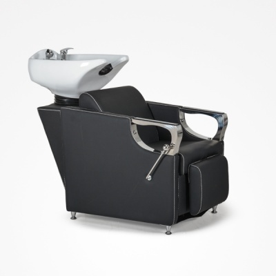 Cadeira de barbearia profissional preta com lava-cabeças branco