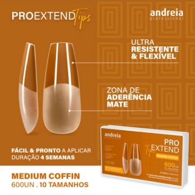 Unhas postiças Andreia Pro Extend Tips Medium Coffin com embalagem e textos explicativos