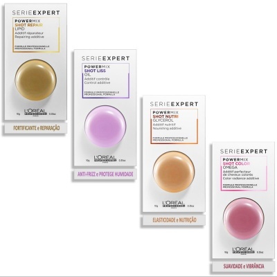 Quatro ampolas Serie Expert PowerMix L'Oreal com cápsulas coloridas e texto indicativo dos benefícios.