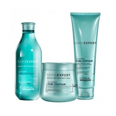 Produtos L'Oréal Serie Expert Glycerin Curl Contour em embalagem azul esverdeada
