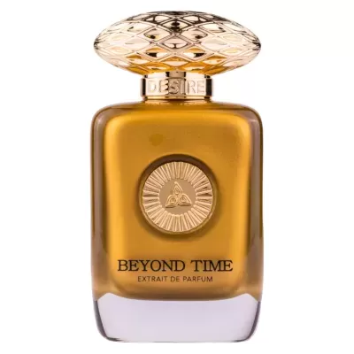 Frasco de perfume dourado com tampa texturizada e texto BEYOND TIME EXTRAT DE PARFUM