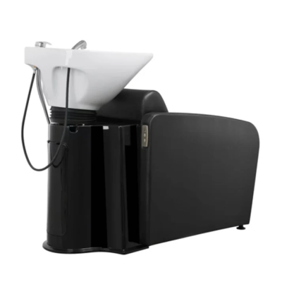 Cadeira de lavagem preta com cuba branca para salão