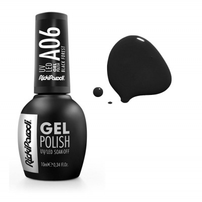 frasco de verniz gel preto RickiParodi com gota de verniz ao lado