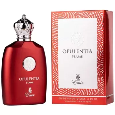 Perfume Opulentia Flame da Emir em frasco vermelho com tampa de coroa e caixa associada