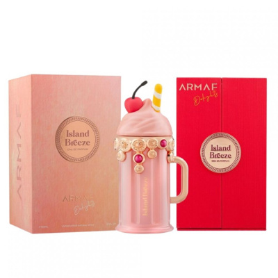 Frasco de perfume Rosa Island Breeze com caixas rosa e vermelha