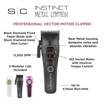Aparelho cortar cabelo SC Instinct Metal Edition com 3 tampas modulares coloridas.