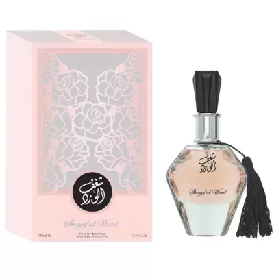 Perfume Shagaf al Ward com caixa rosa decorada e frasco com tassel preto