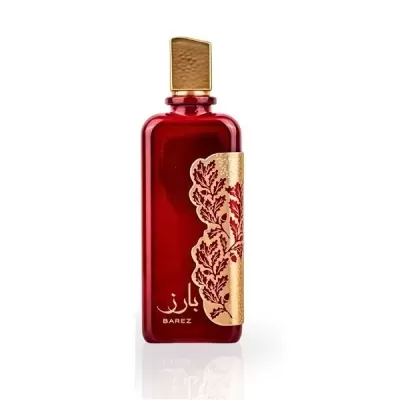 Frasco de perfume vermelho com tampa dourada e detalhes dourados com padrões de folhas