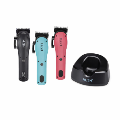 Máquinas de cortar cabelo HUSH preta, azul e rosa com suporte preto