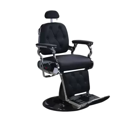 Cadeira de barbeiro preta com base redonda e apoio de pés