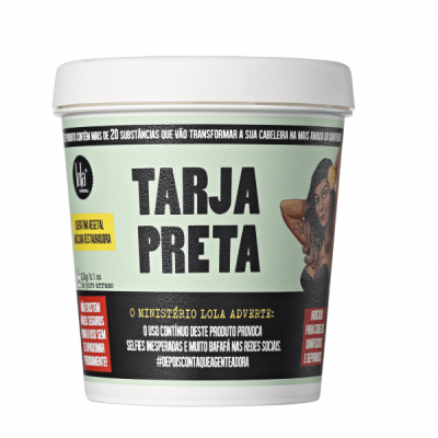 Embalagem de creme capilar Tarja Preta com rótulo em verde e preto e imagem de mulher com cabelo cacheado