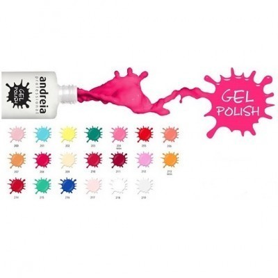 Frasco branco de verniz unhas gel Andeia com líquido rosa derramado e paleta de 24 cores numeradas.