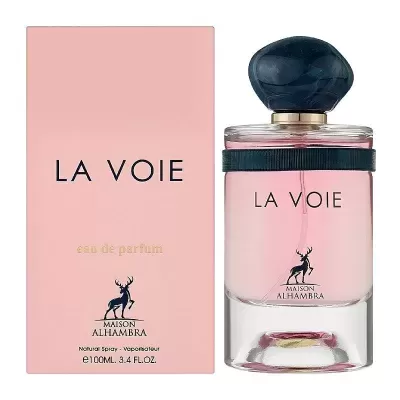 Frasco de perfume rosa LA VOIE com caixa rosa ao lado