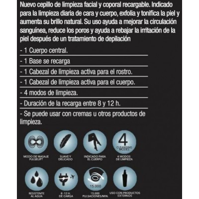 Etiqueta de escova facial e corporal recarregável com texto e ícones explicativos