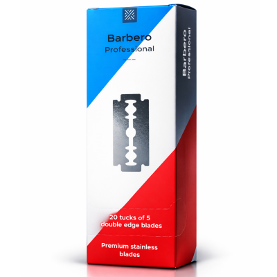 Embalagem de lâminas de barbear Barbero Professional azul, branca e vermelha