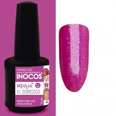 Frasco de verniz gel semipermanente rosa com purpurinas e rótulo com texto