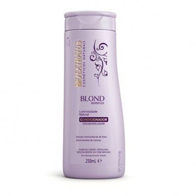 Frasco lilás de condicionador Bio Extratus Blond com texto dourado e preto