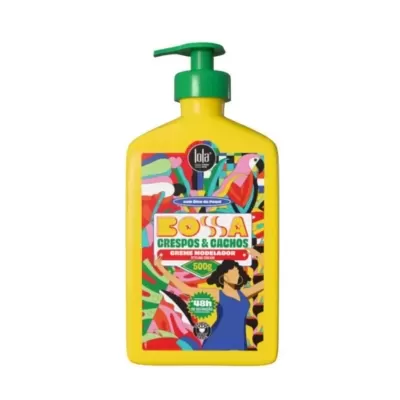 Frasco amarelo com creme modelador para cabelos com embalagem colorida e doseador verde