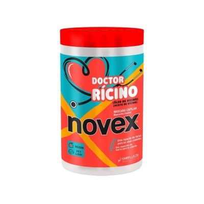 Frasco de máscara capilar Novex Doctor Rícino com tampa vermelha e rótulo colorido