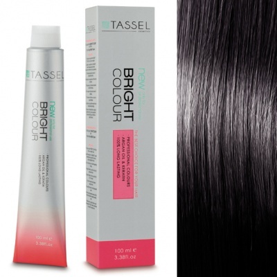 Tintura de cabelo TASSEL Bright Colour com embalagem cinza e vermelho e cabelo liso preto