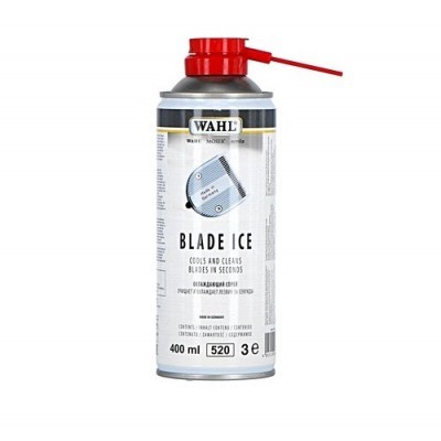 Spray de limpeza Wahl Blade Ice com 400 ml em embalagem metálica branca com tampa vermelha