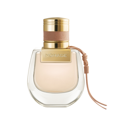 Frasco de perfume Nomade vidro e dourado com cordão de couro