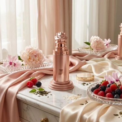 Frasco metálico rosa dourado decorativo sobre mármore com flores, frutas e tecidos