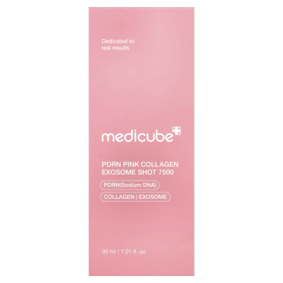 Embalagem rosa com texto branco do produto Medicube PDRN Pink Collagen Exosome Shot 7500