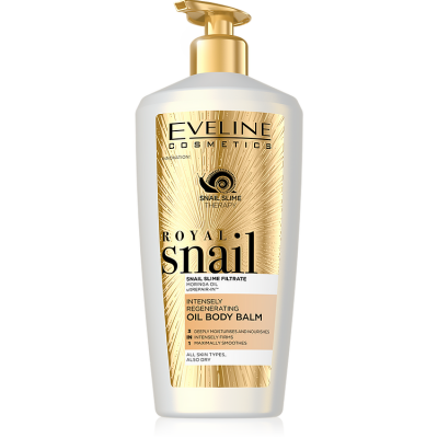 Frasco branco com tampa de bomba dourada de bálsamo corporal Eveline Royal Snail