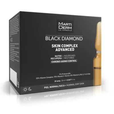 Caixa preta de produto Marti Derm Black Diamond Skin Complex Advanced com ampola âmbar visível à direita