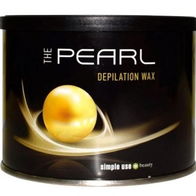 Lata preta de cera para depilação com texto THE PEARL DEPILATION WAX e pérola dourada