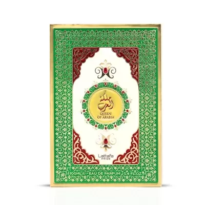 Embalagem de perfume Queen of Arabia com design verde, vermelho e dourado