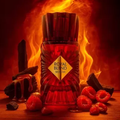 Frasco vermelho de perfume Royal Blend Sequoia com framboesas e madeira, fundo de fogo