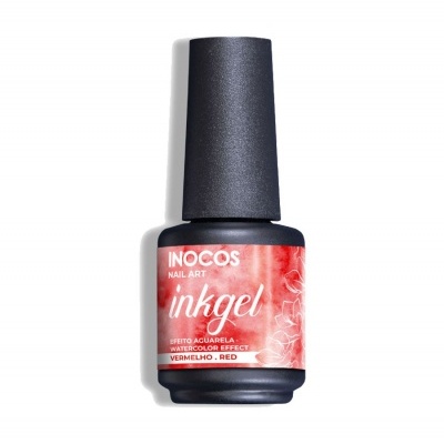 Frasco de verniz gel para unhas INOCOS cor vermelha com rótulo vermelho e branco