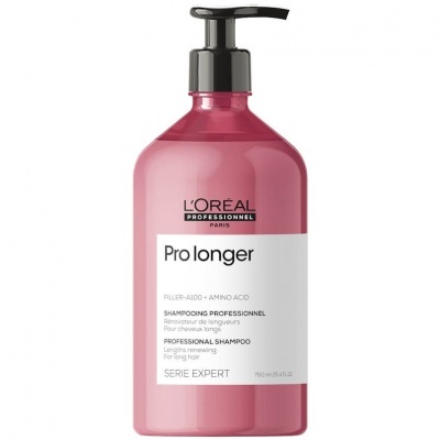 Frasco rosa de champô profissional L'Oréal Pro longer com tampa preta