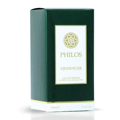 Caixa de perfume PHILOS Messenger verde escura com detalhes dourados e rótulo branco