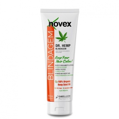 Frasco branco de creme capilar Novex Blindagem Dr. Hemp com texto e detalhes em laranja, verde e preto