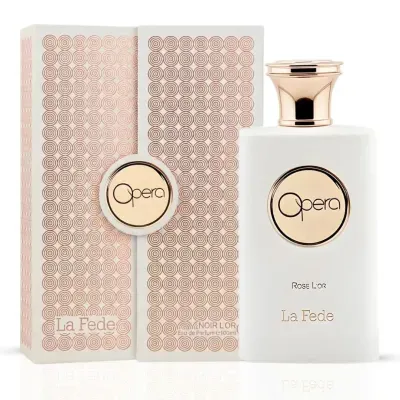Frasco branco e dourado de perfume Opera Rose Lor com caixa decorativa