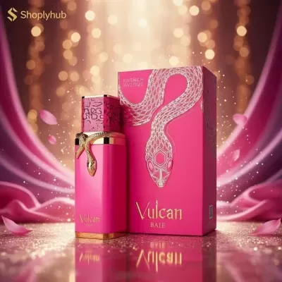 Frasco e embalagem rosa de perfume Vulcan Baie com detalhes de cobra dourada
