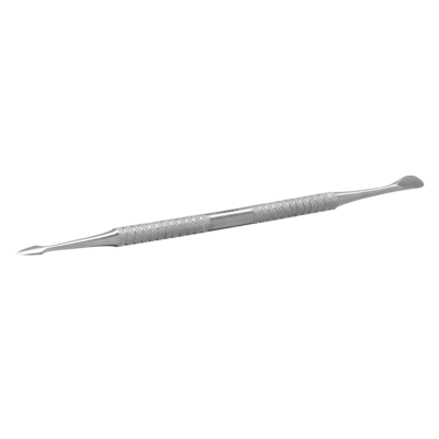 Instrumento médico de metal com duas extremidades e superfície texturizada