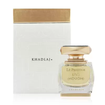 Perfume Lé Prestige King Khadlaj com caixa branca e tampa dourada