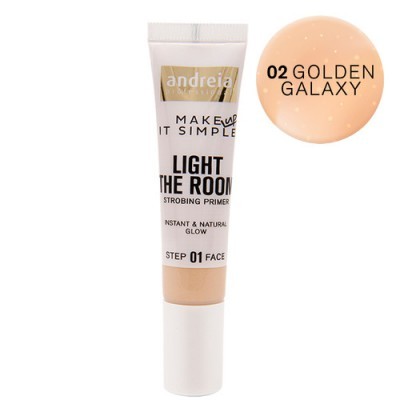 primer de rosto em tubo branco e bege claro com descrição da marca e tonalidade 02 Golden Galaxy