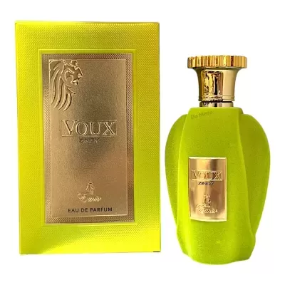 Frasco verde limão de perfume VOXU ZINKY com caixa amarela e detalhes dourados