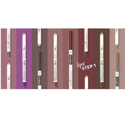 Lápis de lábios em várias cores com texto lips STEP 1 e números 05 e 08