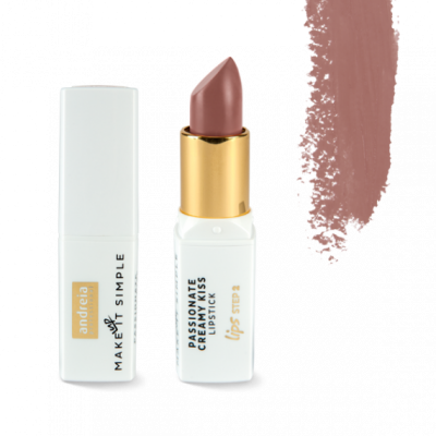 Batom castanho rosado com embalagem branca e dourada e texto da marca andreia.