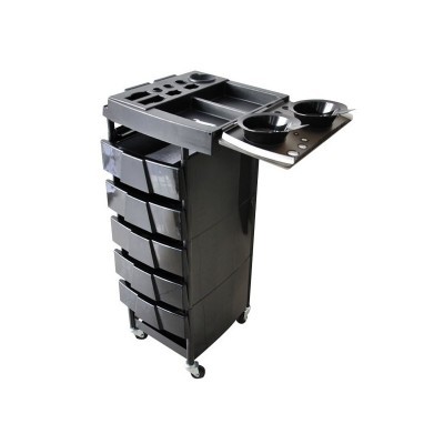 Carrinho organizador preto com gavetas e tigelas