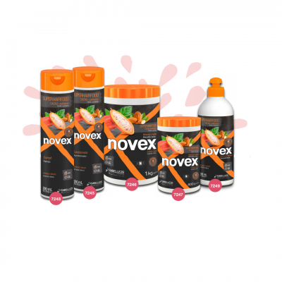 Produtos Novex super alimento de cacau com embalagens pretas e laranja