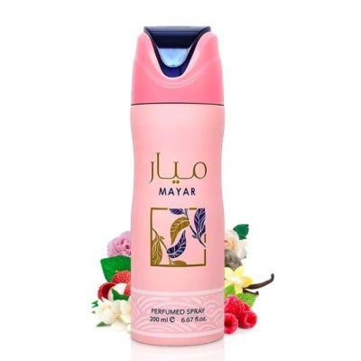 Frasco rosa de spray perfumado MAYAR com tampa azul e decoração de folhas, rodeado por flores e frutas