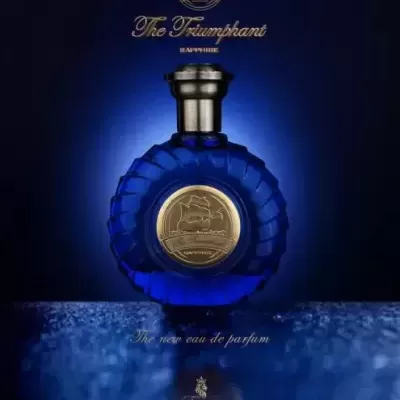 Frasco de perfume azul com selo dourado e texto 'The Triumphant'